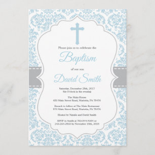 Boy Baptism Invitation Blue and Grey Damask