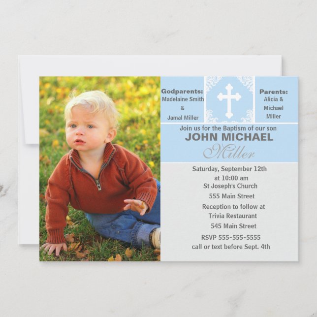 Boy Baptism Invitation Blue Photo Card (Front)