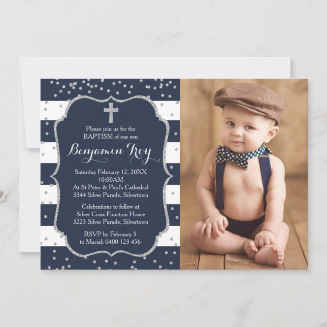 Boy Baptism Invitation Photo Card Navy Silver (Front)
