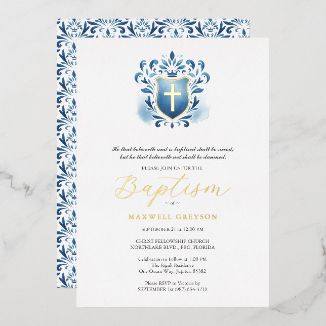 Boy Baptism Invitations Blue Crest (Front/Back)