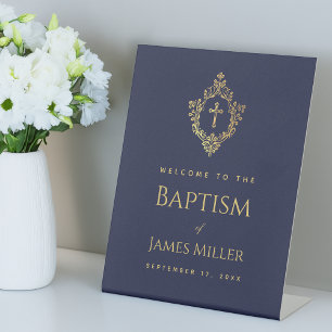 Boy Baptism Navy Blue Elegant Gold Crest Welcome  Pedestal Sign