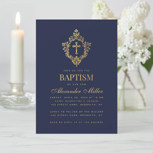 Boy Baptism Navy Blue Faux Gold Crest Cross Script Invitation