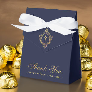 Boy Baptism Navy Blue Faux Gold Crest Thank You Favour Box