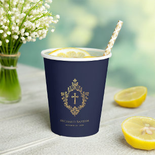 Boy Baptism Navy Blue Faux Gold Foil Crest Vintage Paper Cups