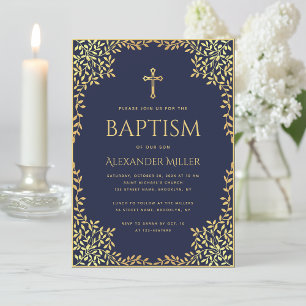 Boy Baptism Navy Blue Faux Gold Leaves Elegant Invitation