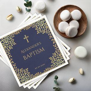 Boy Baptism Navy Blue Faux Gold Leaves Elegant Napkin