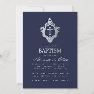 Boy Baptism Navy Blue Faux Silver Vintage Crest Invitation
