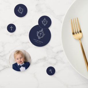 Boy Baptism Navy Blue Photo Vintage Crest Cross Confetti