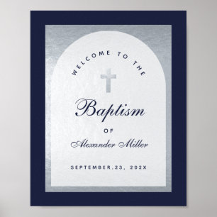Boy Baptism Navy Blue Silver Arch  Welcome Sign