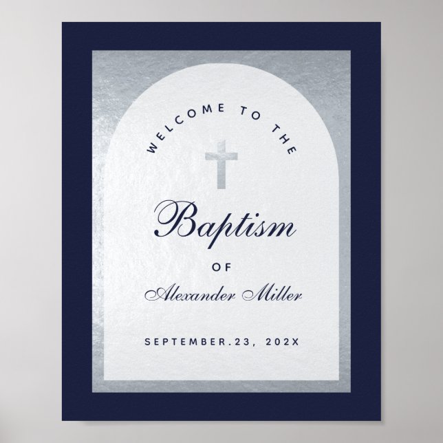 Boy Baptism Navy Blue Silver Arch  Welcome Sign (Front)