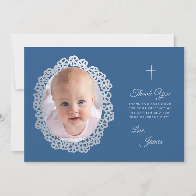 Boy Baptism Photo Classic Blue Grey Floral Wreath  Thank You Card (Front)