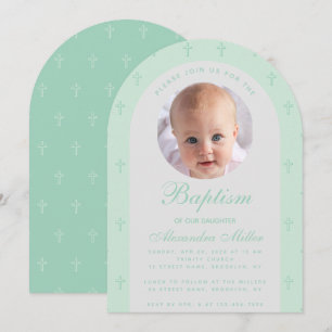 Boy Baptism Photo Modern Arch Mint Green Script Invitation