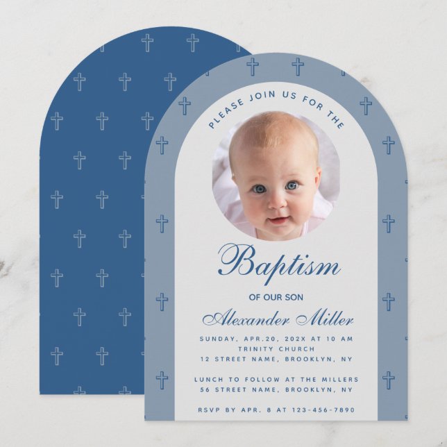 Boy Baptism Photo Modern Dusty Blue Arch Script Invitation (Front/Back)