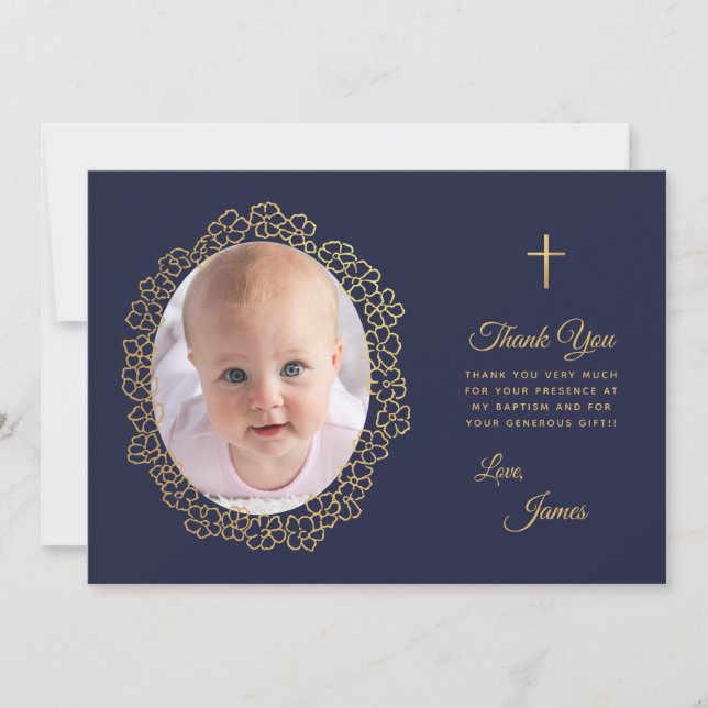 Boy Baptism Photo Navy Blue Gold Floral Wreath Thank You Card (Front)