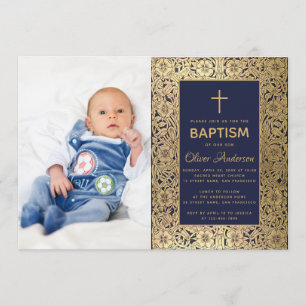 Boy Baptism Photo Navy Blue Vintage Gold Roses Invitation