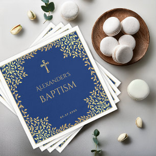 Boy Baptism Royal Blue Faux Gold Leaves Religious Napkin