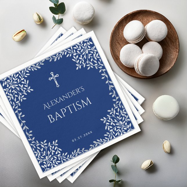 Boy Baptism Royal Blue Faux Silver Leaves Elegant Napkin (Creator Uploaded)
