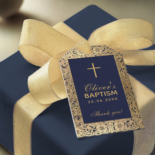 Boy Baptism Vintage Gold Roses Navy Blue Elegant Gift Tags
