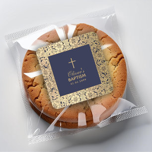 Boy Baptism Vintage Gold Roses Navy Blue Elegant Square Sticker