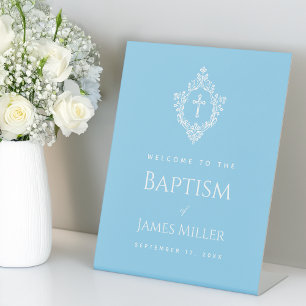 Boy Baptism Welcome Baby Blue Vintage Crest Cross Pedestal Sign