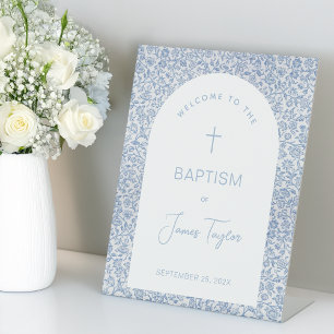 Boy Baptism Welcome Blue White Arch Floral Pattern Pedestal Sign