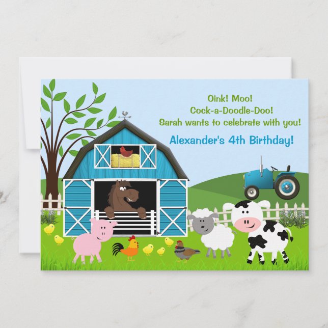 Boy Barnyard Farm Animals Birthday Invitations (Front)