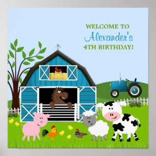 Boy Barnyard Farm Animals Birthday Poster