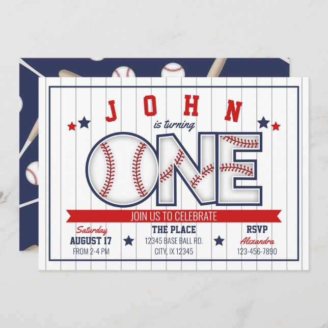 Boy Baseball First Birthday Invitation (Front/Back)