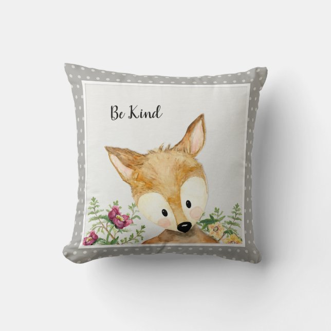 Boy Be Kind Little Deer Watercolor Woodland Animal Cushion (Front)