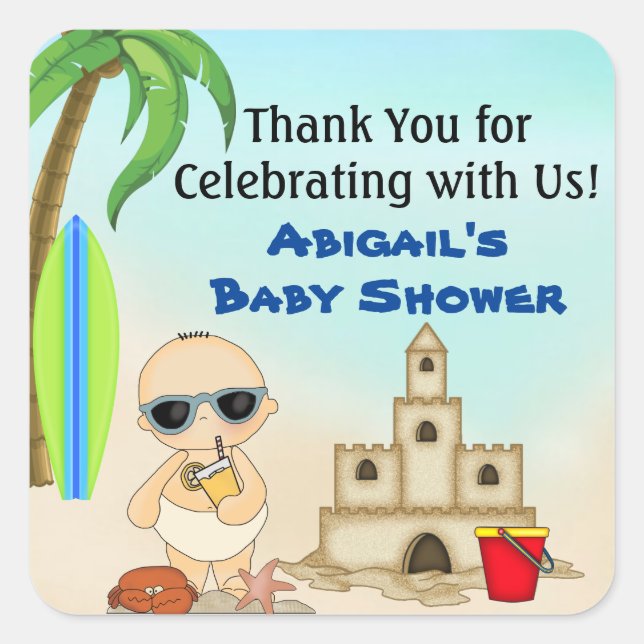 Boy Beach Baby Sandcastle Baby Shower Thank You Square Sticker (Front)