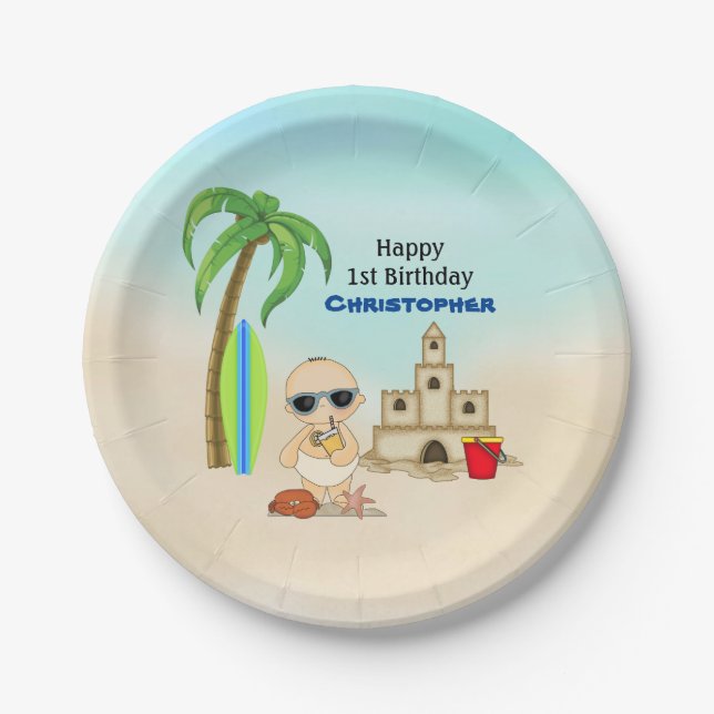 Boy Beach Baby Sandcastle n Surfboard 1st Birthday Paper Plate (Front)