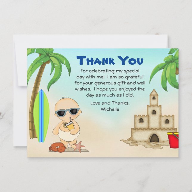 Boy Beach Baby Sandcastle n Surfboard Baby Shower Thank You Card (Front)