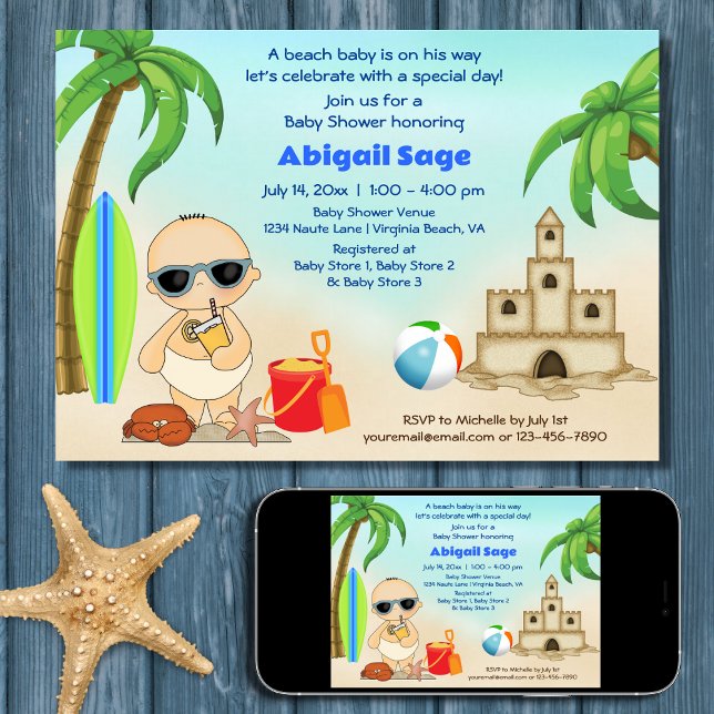 Boy Beach Baby Sandcastle, Surfboard Baby Shower Invitation (Printed and Digital - Boy Beach Baby Sandcastle, Surfboard Baby Shower Invitation)