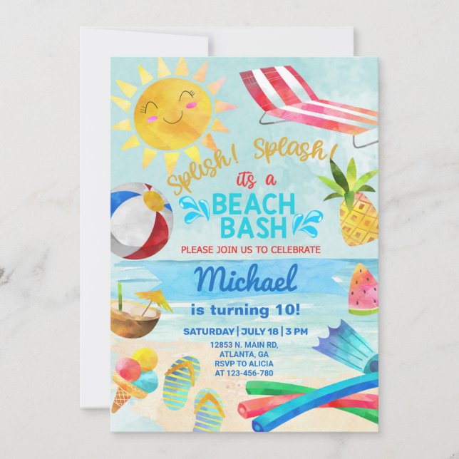 Boy beach party, boy beach bash summer invitation. invitation (Front)