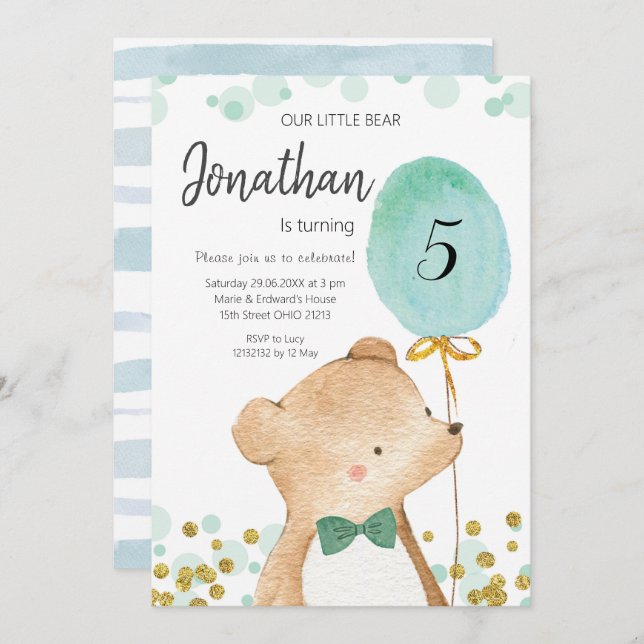 Boy bear and balloon birthday invitation (Front/Back)