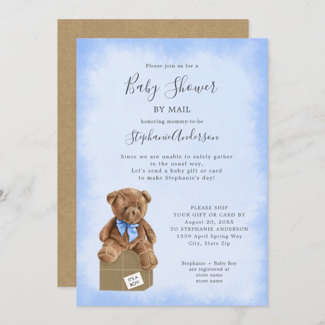 Boy Bear Baby Shower by Mail Invitation (Front/Back)
