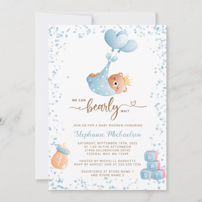 Boy Bear Baby Shower with Book Request Invitation (Front)