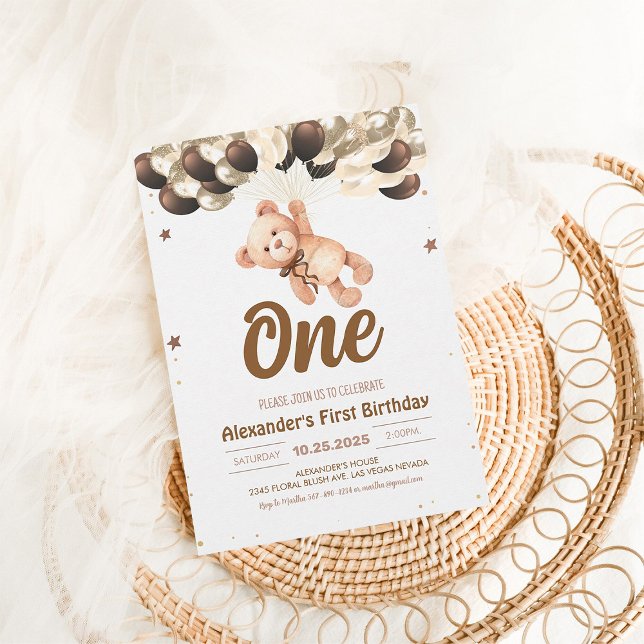 Boy Bear Bear with Balloons Teddy Bear Birthday Invitation (Creator Uploaded)