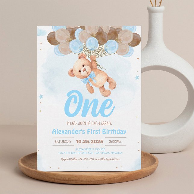 Boy Bear Bear with Balloons Teddy Bear Birthday Invitation (Creator Uploaded)
