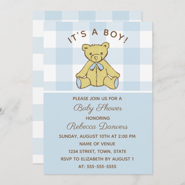 Boy Bear Blue Baby Shower Invitation (Front/Back)