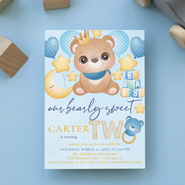 Boy Bear Blue Second Birthday Invitation (Creator Uploaded)