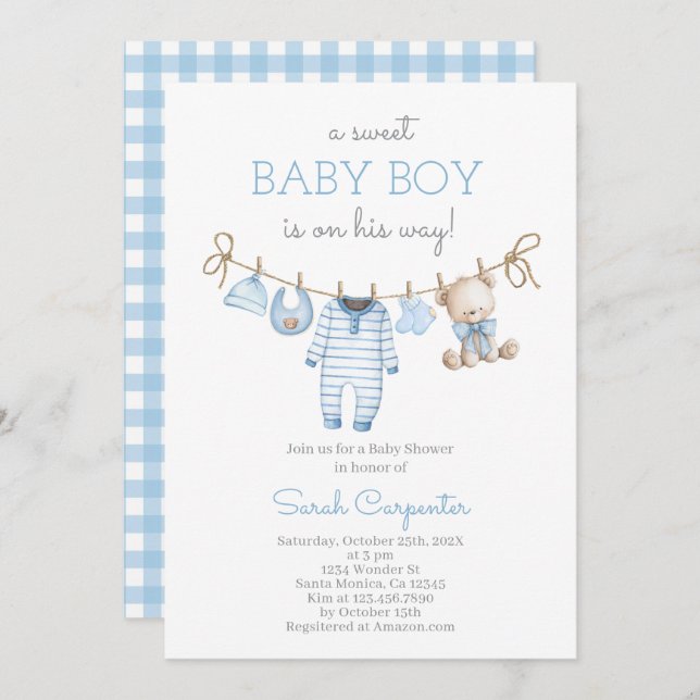 Boy Bear Clothesline Baby Shower invitation (Front/Back)