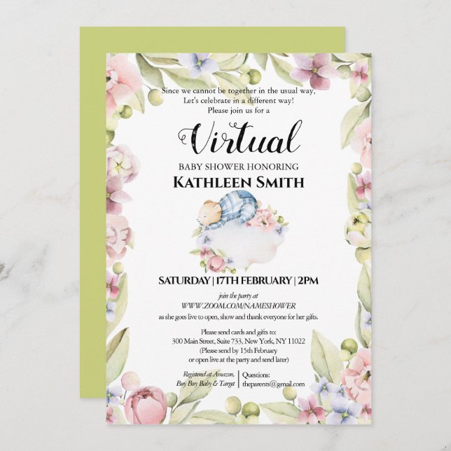 Boy Bear Elegant Floral Greenery Virtual Shower Invitation (Front/Back)