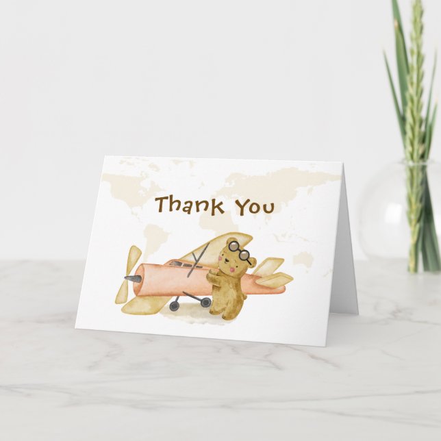 Boy Bear Explorer World Map Airplane Baby Shower  Thank You Card (Front)