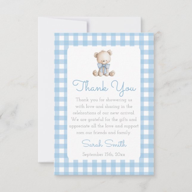 Boy Bear Gingham Thank You Card (Front)