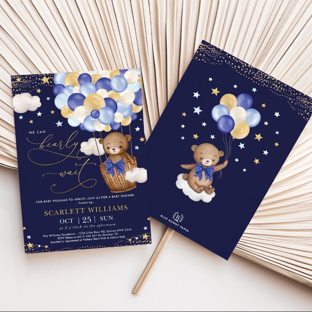 Boy Bear Hot Air Balloon Navy Gold Sky Baby Shower Invitation (Creator Uploaded)
