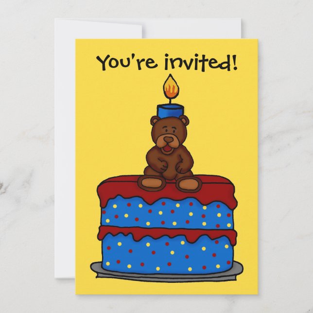 boy bear on cake birthday party invitation (Front)