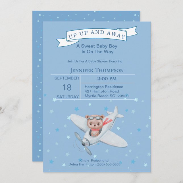 Boy Bear Pilot Aeroplane Baby Shower Invitation (Front/Back)