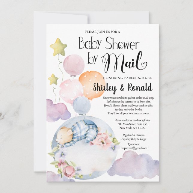 Boy Bear Pink Floral Balloons Baby Shower by Mail Invitation (Front)