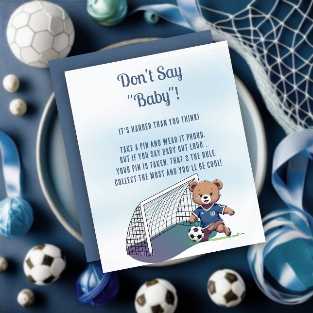 Boy Bear Soccer Baby Shower Don't Say Baby Game (Cute Blue Teddy Bear Soccer Player Boy Baby Shower "Don't Say Baby!" Game Card)